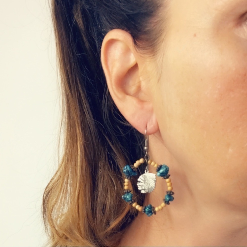 TURQUOISE Beaded Hoop Ethnic American Native Chief Boho‎ Pendant Hoops Earrings